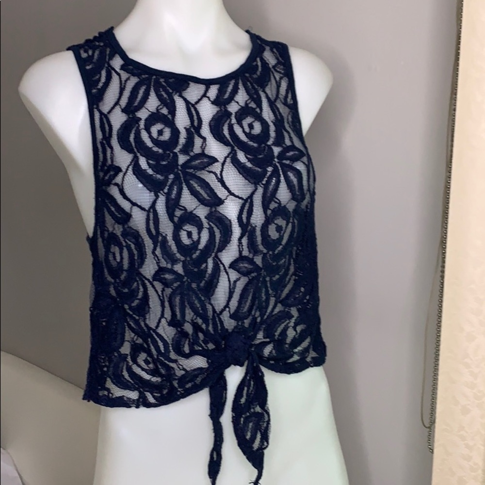 Navy Blue crocheted crop front knot tank top small women’s